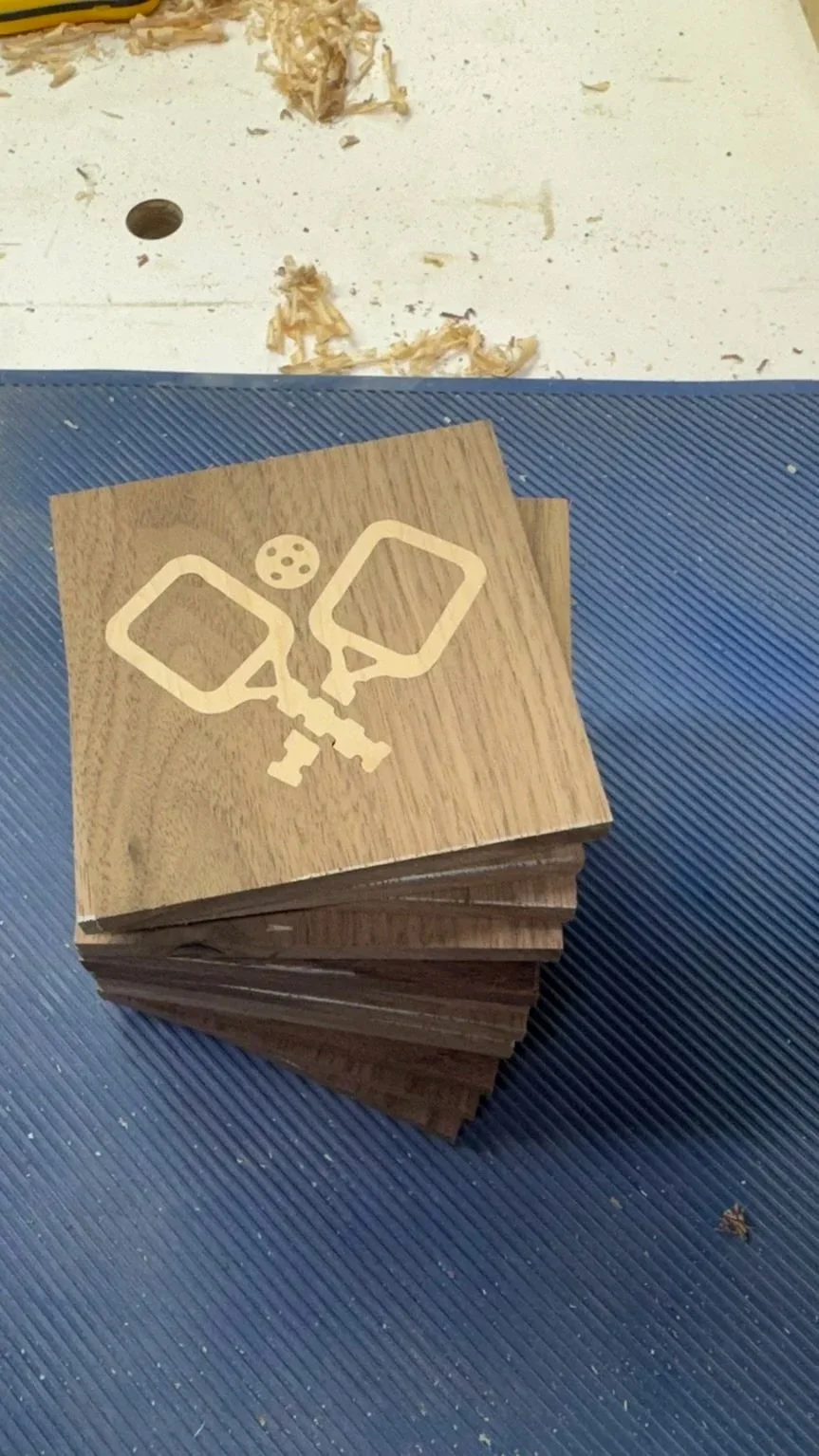 Fun pickleball paddle and ball drink coasters before applying the finish