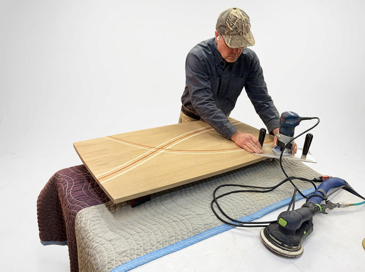 Bryan at Motor City Woodshop routing a 1/8" round over on edge of the Whimisical Coffee Table