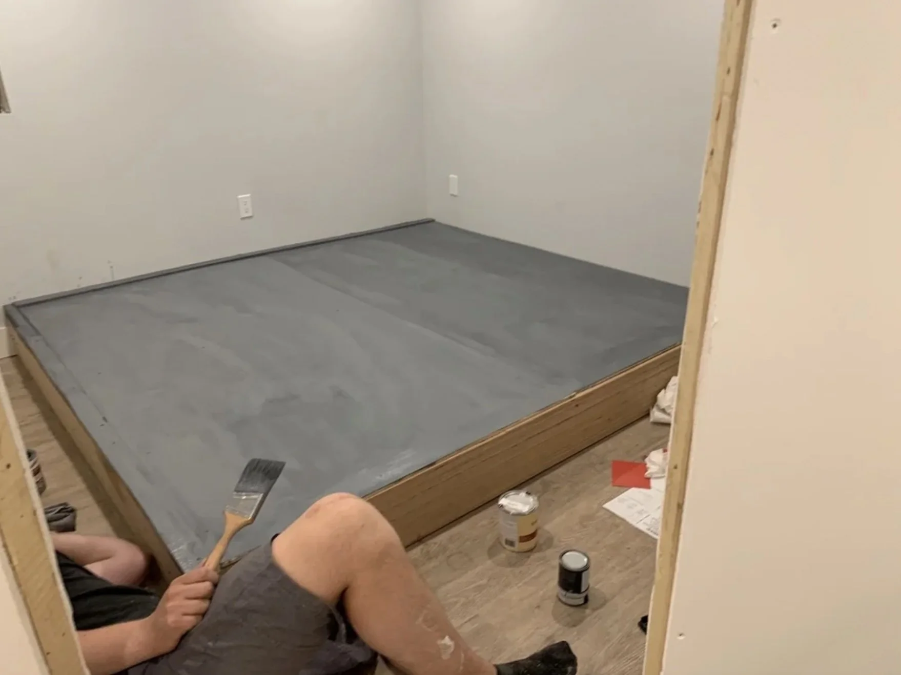 Japanese-style platform bed under construction, Grace Street Victorian renovation Toronto basement Airbnb