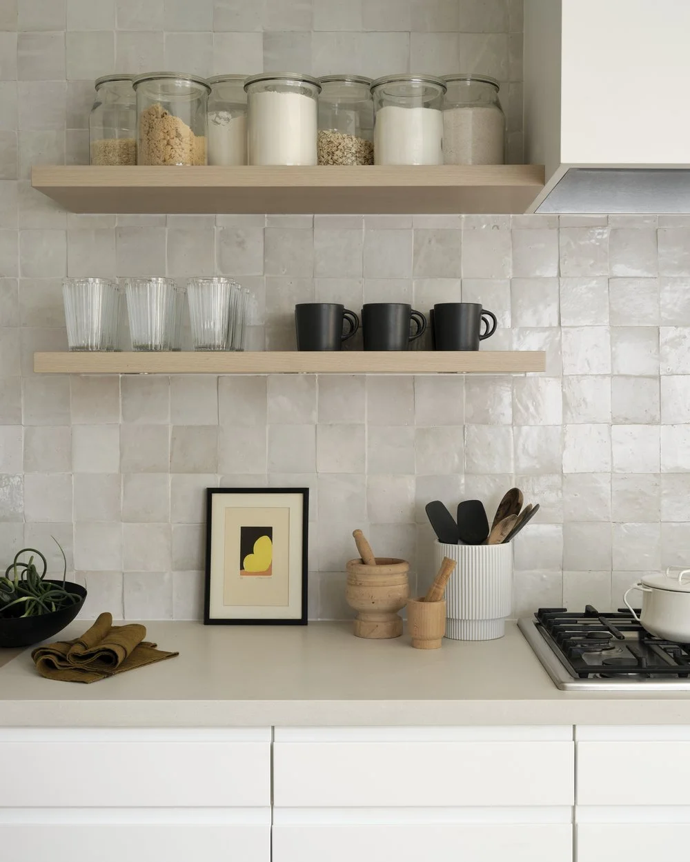 Finished zellige tile backsplash with open oak shelving, Grace Street Victorian renovation Toronto kitchen