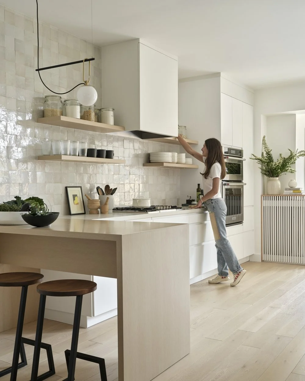 Finished galley kitchen with zellige tile backsplash and white oak cabinetry, Grace Street Victorian renovation Toronto