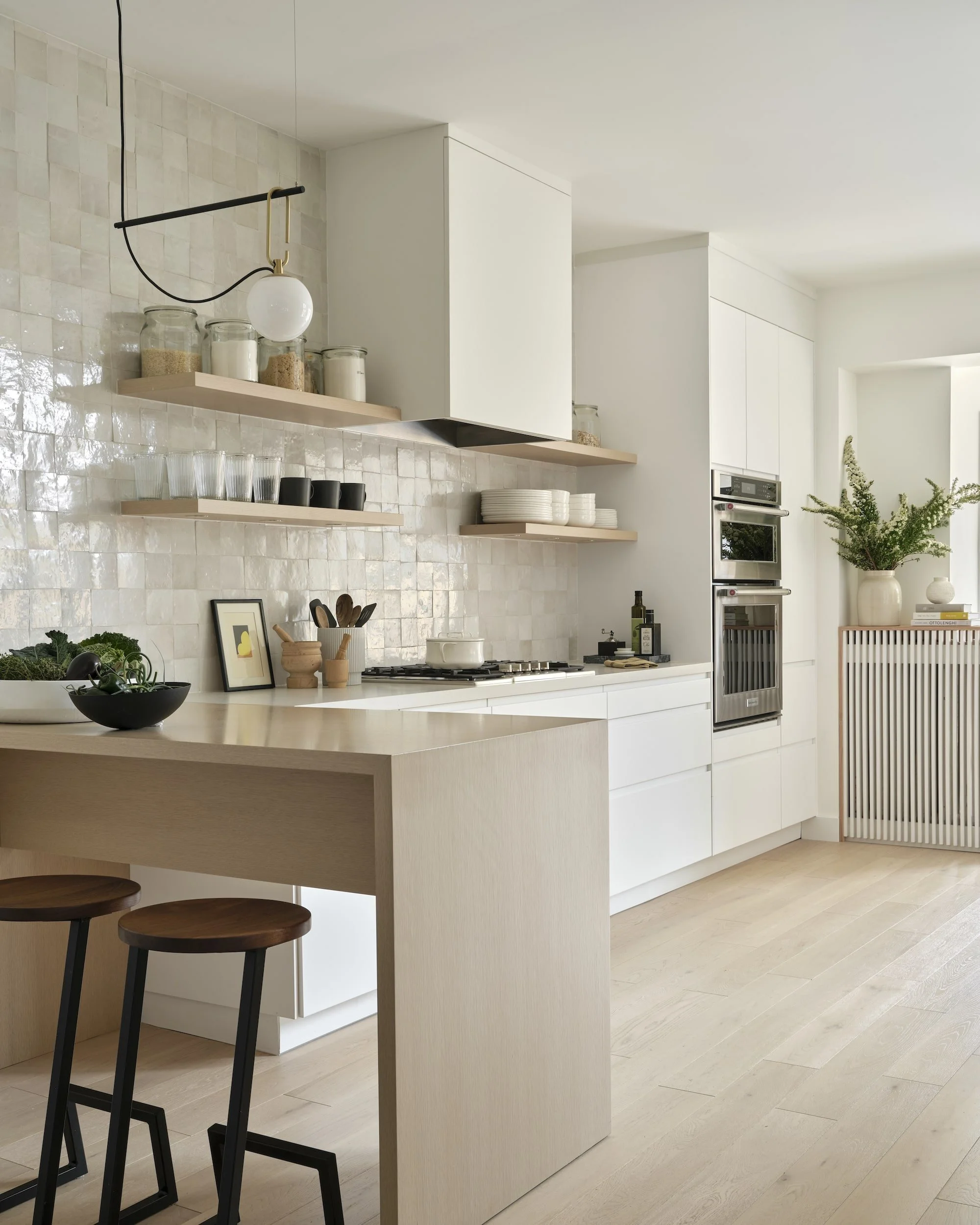 Finished galley kitchen with peninsula and zellige tile backsplash, Grace Street Victorian renovation Toronto