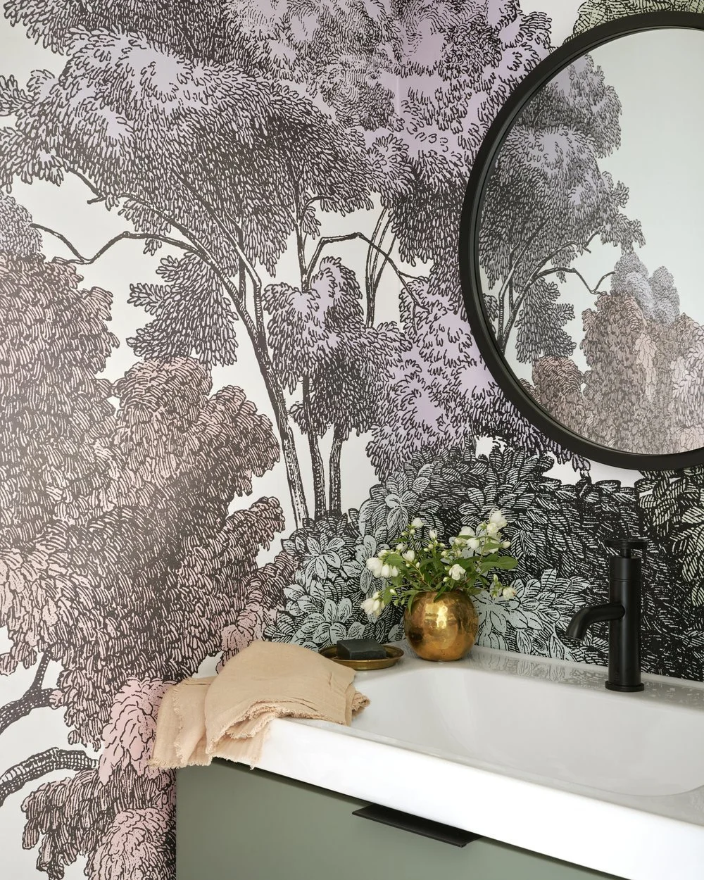 Powder room with botanical wallpaper and brass fixtures, Grace Street Victorian renovation Toronto