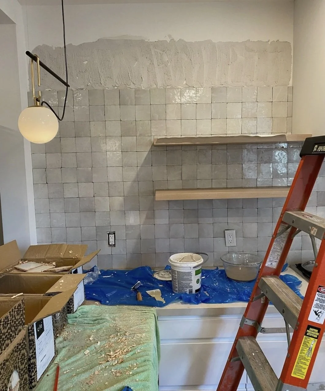 DIY zellige tile backsplash installation in progress, Grace Street Victorian renovation Toronto
