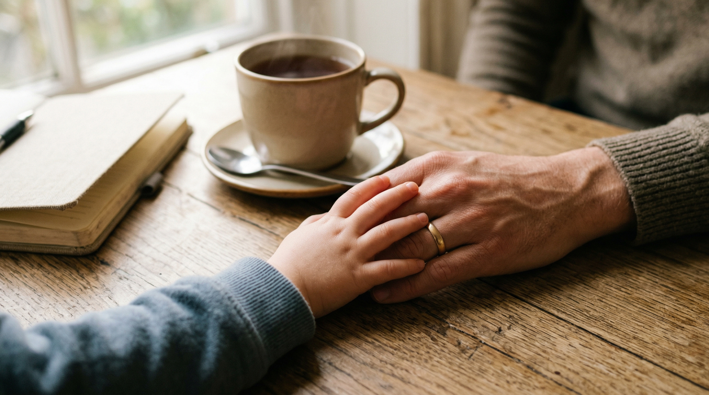 Child holding a parent’s hand at a table with tea, conveying support and connection in a calm home setting