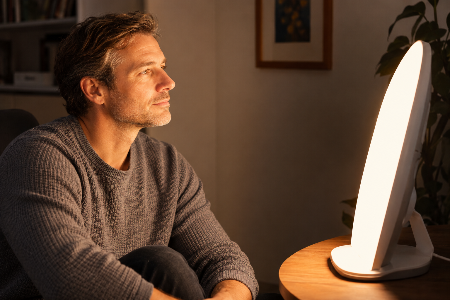 Man in his 40s sitting beside a bright light therapy lamp, with light illuminating his face.