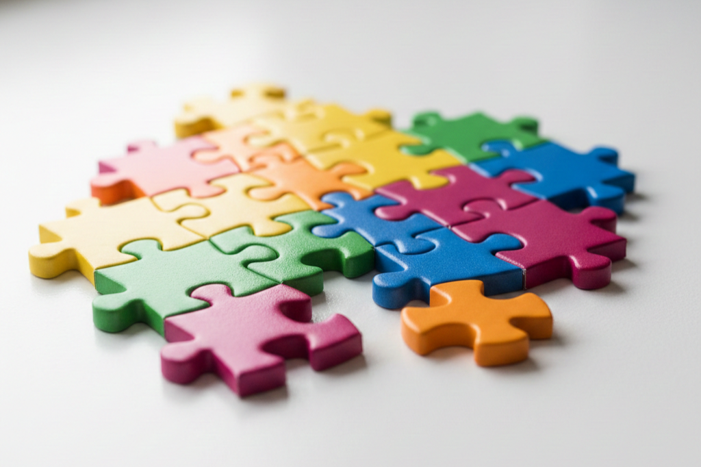 Colorful interlocking puzzle pieces arranged together, symbolizing autism and neurodevelopmental differences