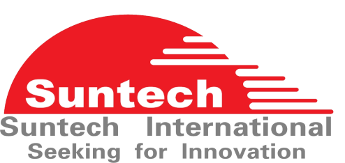 Logotipo de Suntech con texto 'Suntech Seeking for Innovation' en colores rojo, negro y gris