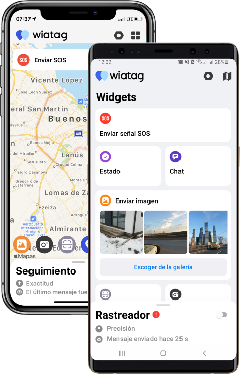 Pantallas de una aplicación de emergencia llamada Wiatag, mostrando un mapa de Buenos Aires, opciones para enviar señal SOS, estado, chat, y enviar imágenes