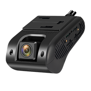 Cámara de tablero de coche negra con lente y diferentes puertos y botones.