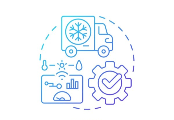 Ilustración de un camión de reparto con símbolo de frío, elementos de control de clima y gráficos, y un engranaje con marca de verificación, representando servicios de refrigeración y logística.
