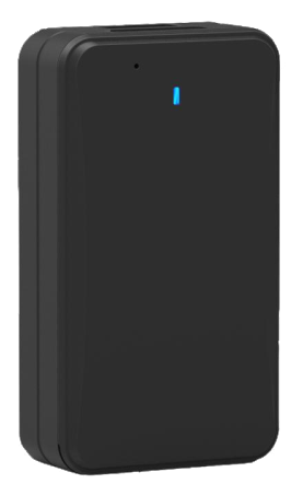 Dispositivo electrónico negro con una luz azul en la parte superior.