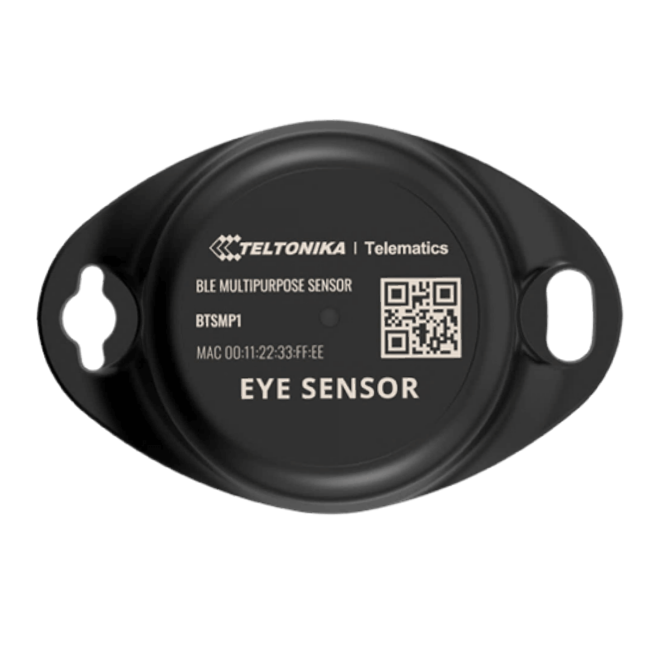 Sensor de ojo de color negro con etiquetado blanco, marcas y código QR, marca Teltonika, modelo BLE Multisensor.
