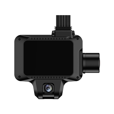 Cámara de acción con pantalla táctil y lente frontal.