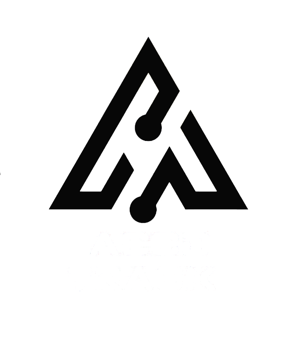 Logotipo con un triángulo grande y tres líneas que se cruzan, formando una figura abstracta en el centro, con texto debajo que dice 'ACERCA DE NOSOTROS'.