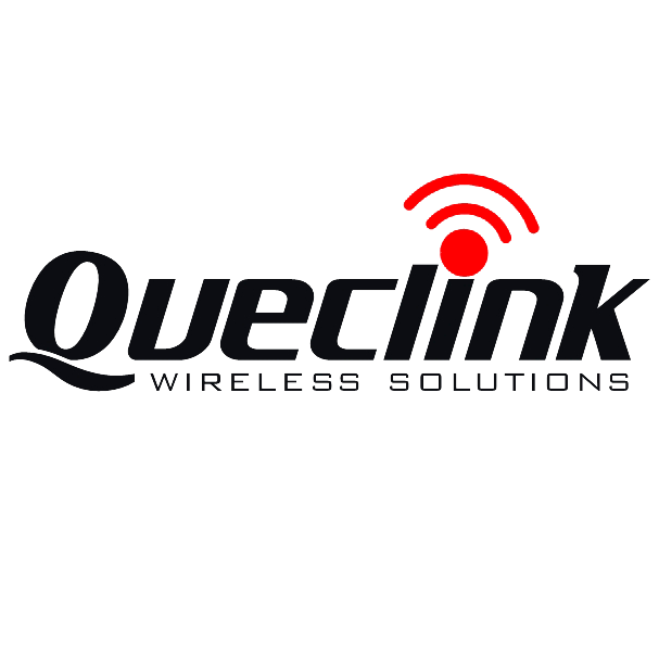 Logotipo de Queclink con símbolo de señal inalámbrica en rojo y letras negras sobre fondo transparente.