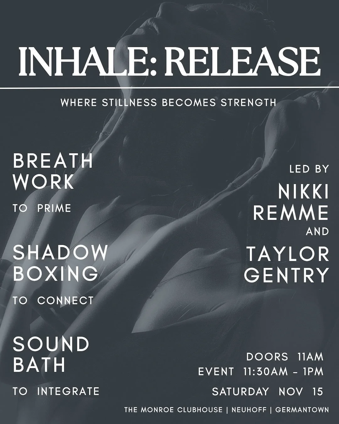 Breathe it in. Let it go.

Introducing INHALE: RELEASE &mdash; a ritual of movement and stillness, where breathwork, shadowboxing, and sound healing meet.

This isn&rsquo;t a workout.
It&rsquo;s a homecoming to your body.

For women, for the queer co