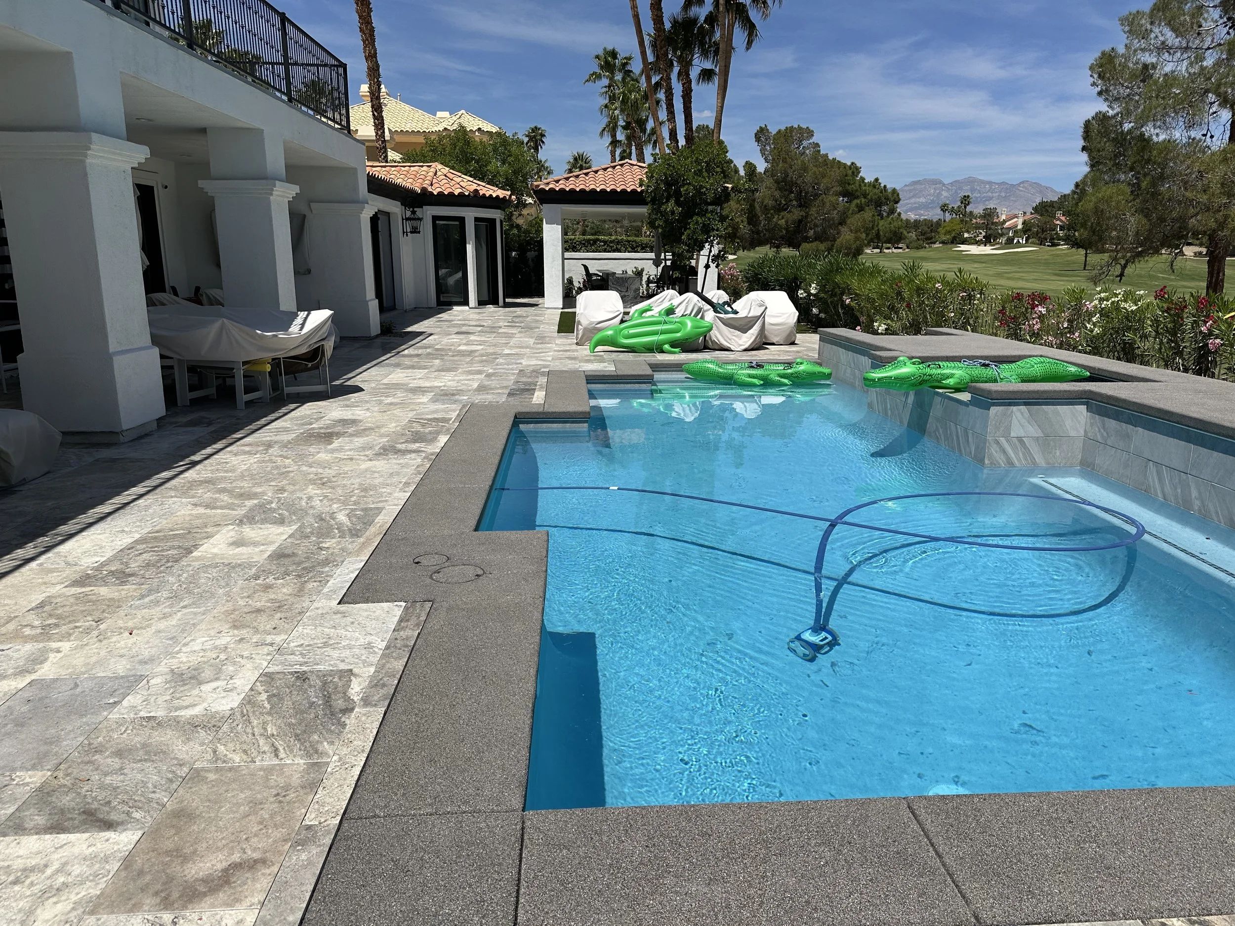 Sand Finished Concrete Pool Border With Travertine Pool Deck 