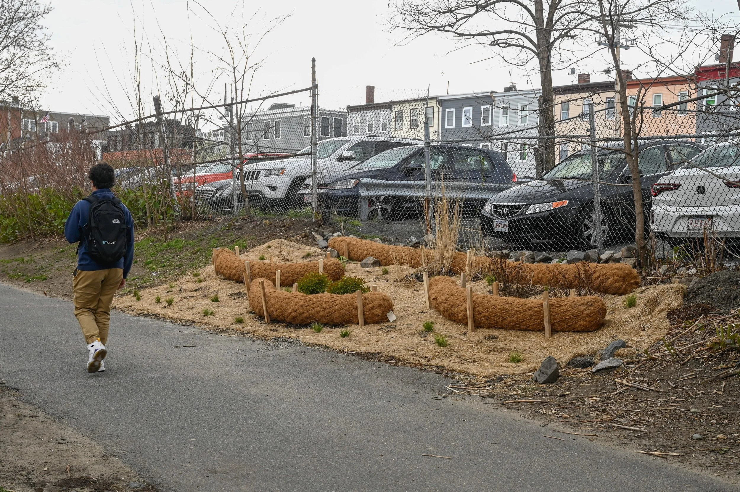 East Boston, MA: April 24, 2024 - A few days after Earth Day, a passerby enjoys a clean walkway thanks to this section of the team's efforts. Because of this installation and others like it, rainwater is slowed and sediment runoff is captured before 