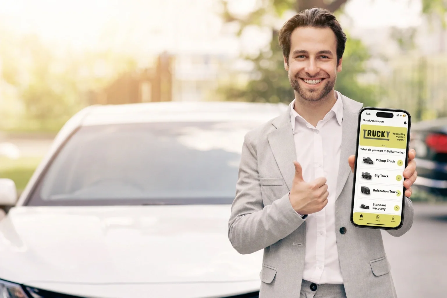 A person showing a phone with Trucky website displayed