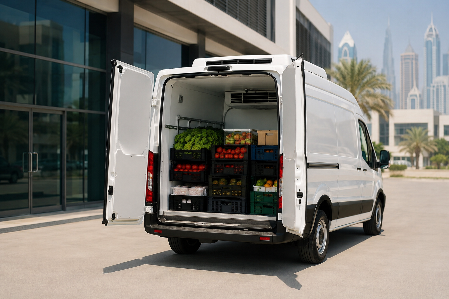 Chiller van for rent in Dubai with rear doors open showing fresh food cargo ready for delivery