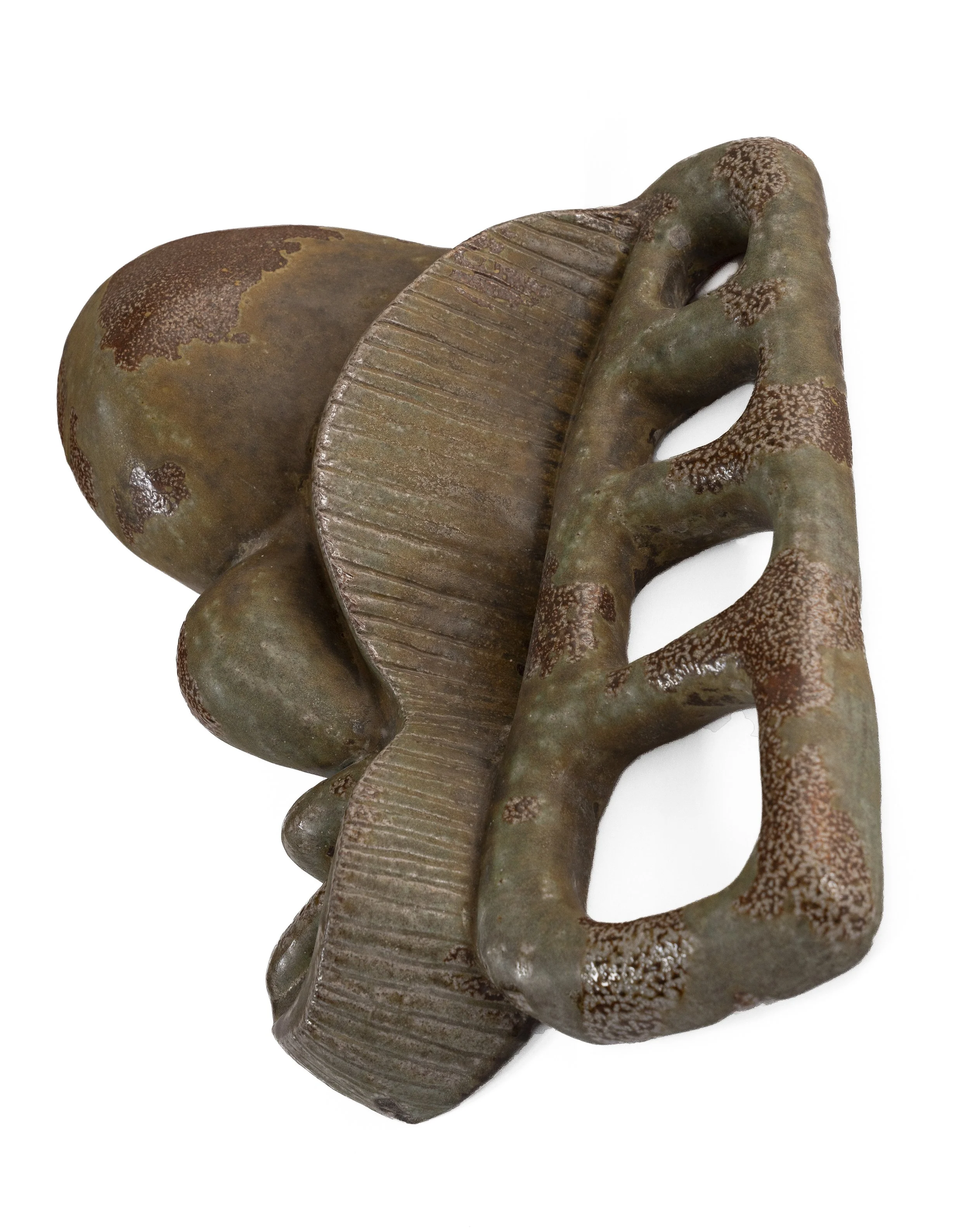 Side view of a glazed ceramic wall hanging sculptures with four bulbous sections on the right side, a narrow chute in the center and a puffy ladder on the left side.