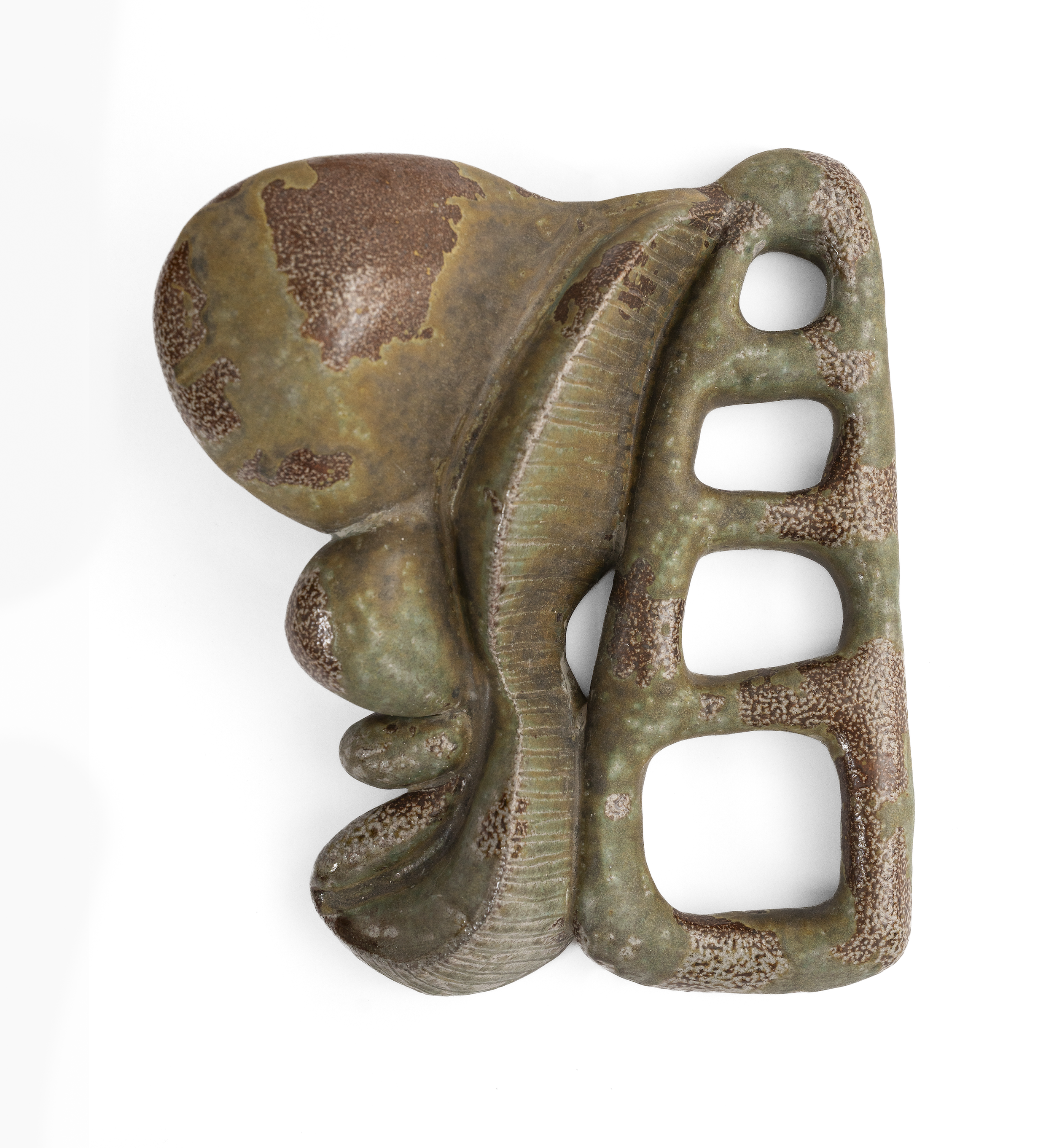 Glazed ceramic wall hanging sculptures with four bulbous sections on the right side, a narrow chute in the center and a puffy ladder on the left side.