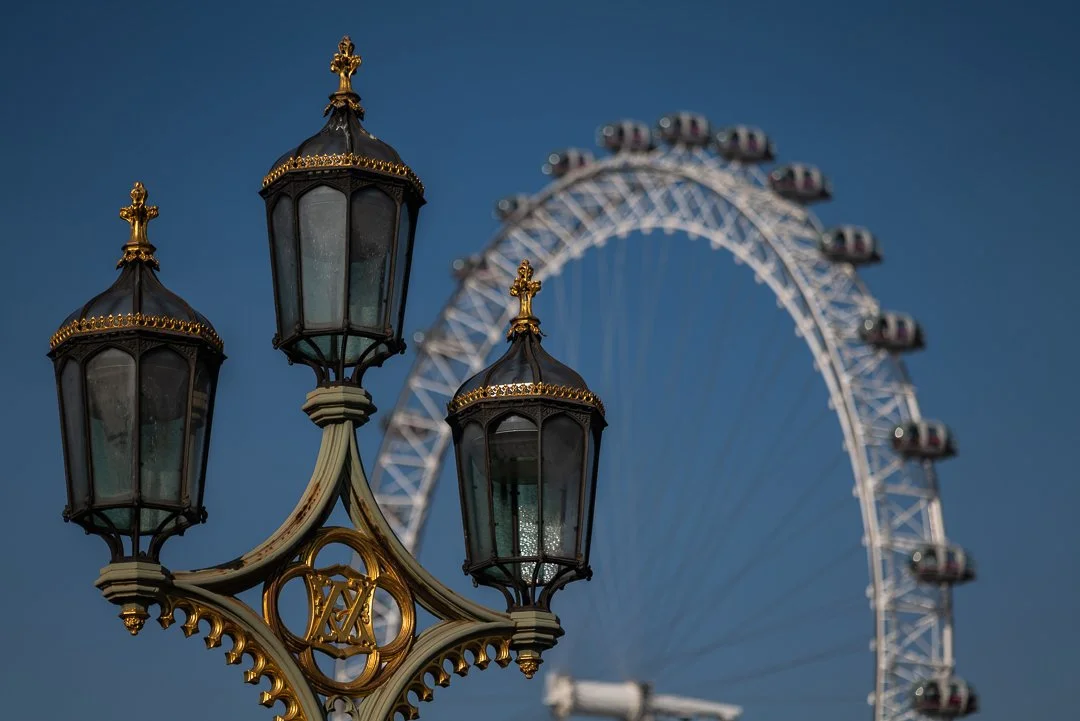 Streetlamps in front of the London Eye.