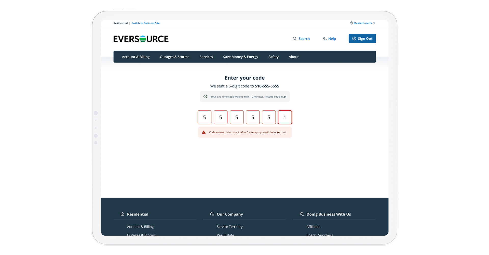 Clear and concise error messaging allows for customers to better understand the consequences of their actions and mistakes.
In an effort to mitigate issues, clearly labeled language describes to length of time the code is valid, as well as a countdo