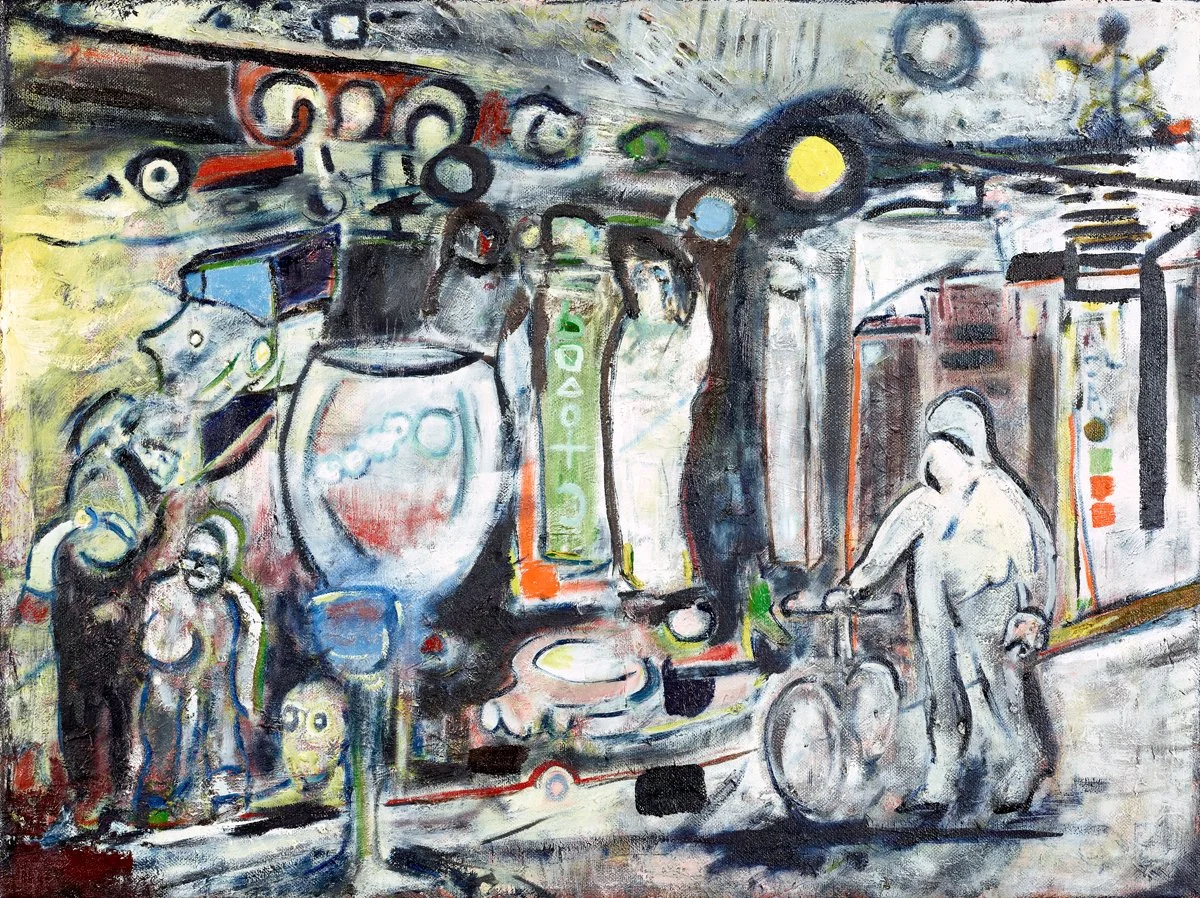 A Priest Pushing A Bicycle (2025), Oil on Canvas, 24” x 18”