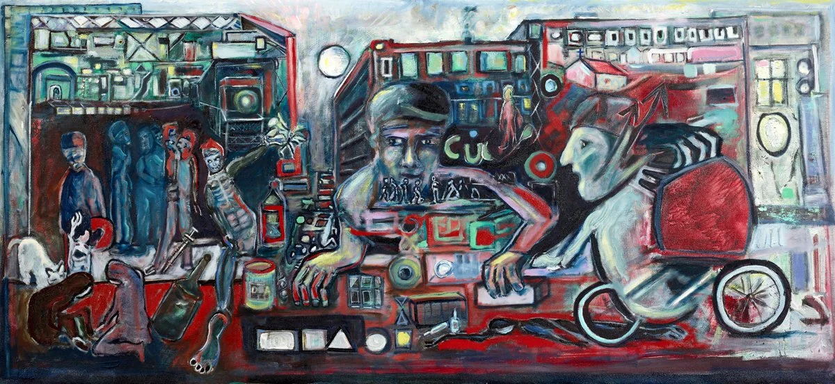 Under The Scaffolding on 37th Street (2025), Oil on Canvas, 24” x 52”