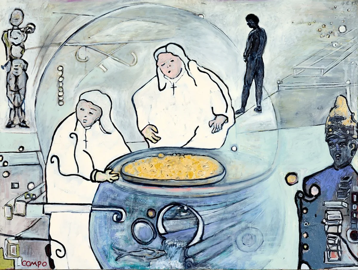 Two Scoundrels Disguised As Nuns Hide A Pot Of Gold In A Fishbowl (2021), Oil on Canvas, 36” x 48”