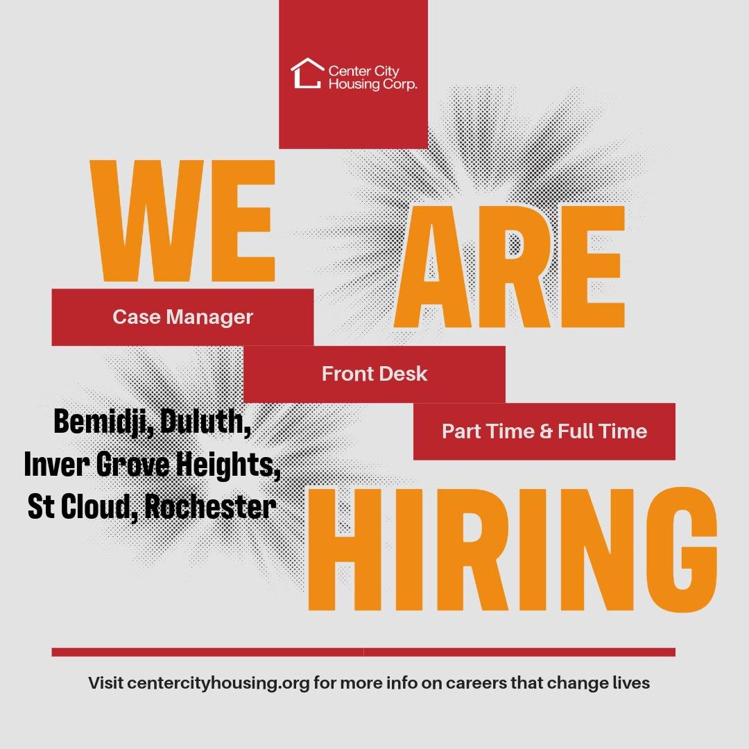 WE ARE HIRING!
For more information, please visit https://www.centercityhousing.org/join-our-team

#afforablehousing #duluthmn #stcloudmn #bemidjimn #rochestermn #invergroveheightsmn #jobs #jobsearch