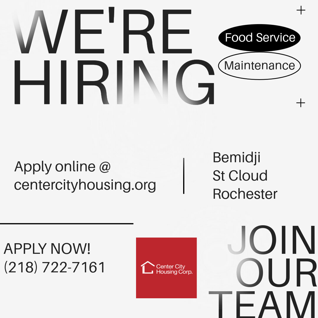We are hiring, right now, for #nurses , #foodservices , #maintenance  in #bemidjimn , #stcloudmn , and #rochestermn 

Look us up and find out more at https://www.centercityhousing.org/join-our-team

#affordablehousing  #jobseekers
