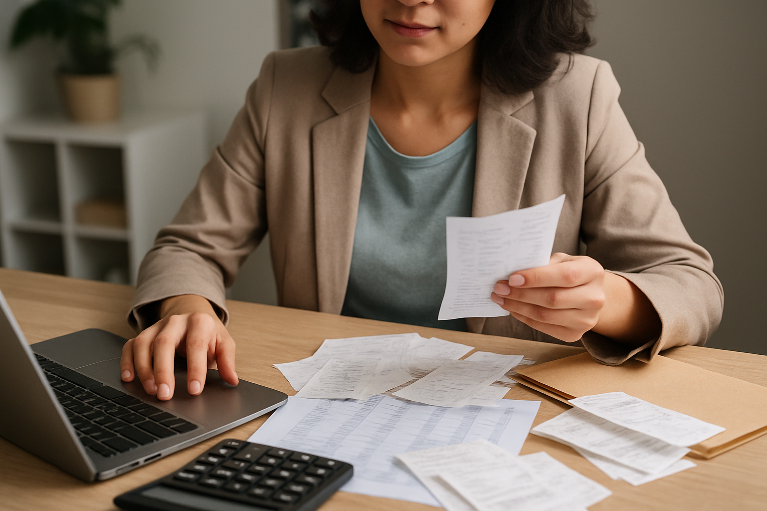 Professional organizing receipts and financial records during a bookkeeping handover