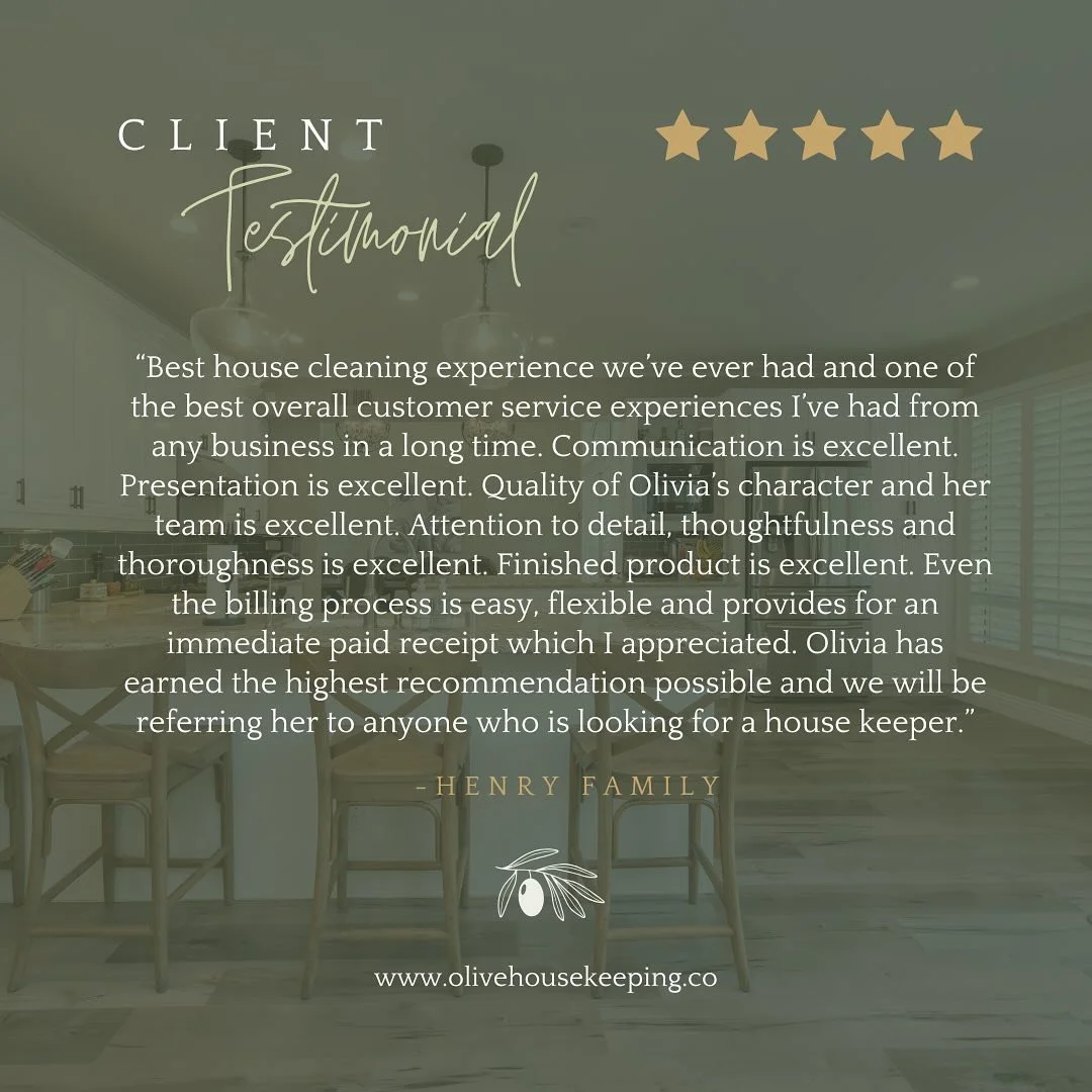 ⭐ ⭐ ⭐ ⭐ ⭐
Another testimonial from one of our clients here at Olive Housekeeping Co.! If you are interested in our services, please visit our website to request a free quote!!