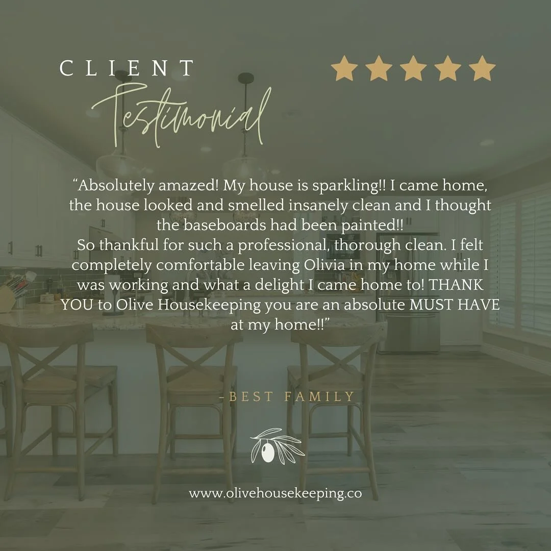 ⭐ ⭐ ⭐ ⭐ ⭐
Another testimonial from one of our clients here at Olive Housekeeping Co.! If you are interested in our services, please visit our website to request a free quote!!