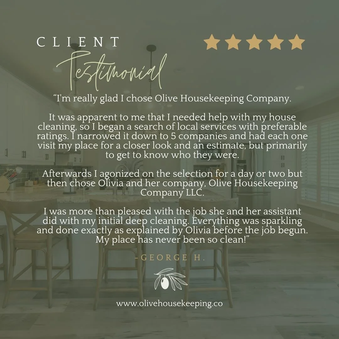 ⭐ ⭐ ⭐ ⭐ ⭐
Another testimonial from one of our clients here at Olive Housekeeping Co.! If you are interested in our services, please visit our website to request a free quote!!