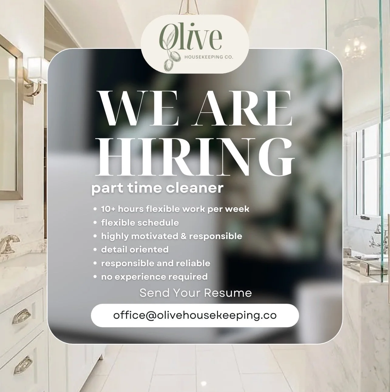 Hi Wilmington area! Olive Housekeeping Co. in Wilmington is growing and we&rsquo;re looking to add a part-time cleaner to our team.

What to expect:
&bull; Training begins right away while things are still ramping up
&bull; To start, expect about 1&n