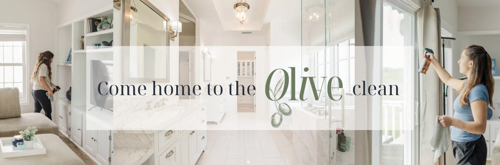 A woman cleaning a large window with a spray bottle and cloth inside a bright living room. Another woman is organizing or cleaning shelves in the background. The room has white walls, large windows, and modern decor.