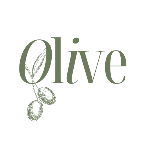 A logo with the word 'Olive' and an illustration of an olive branch with two olives.