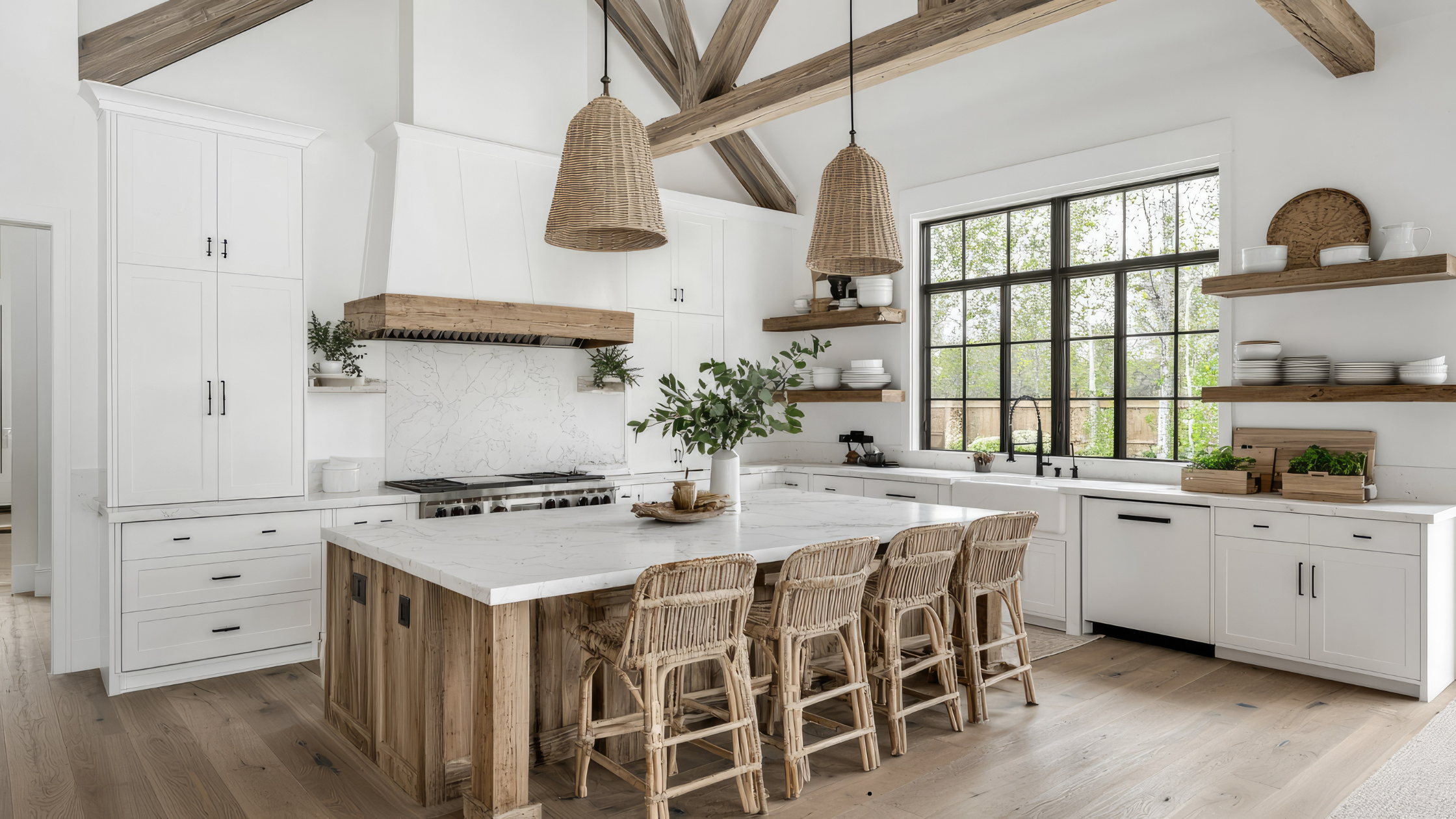 light, airy coastal kitchen with olive branches on bar