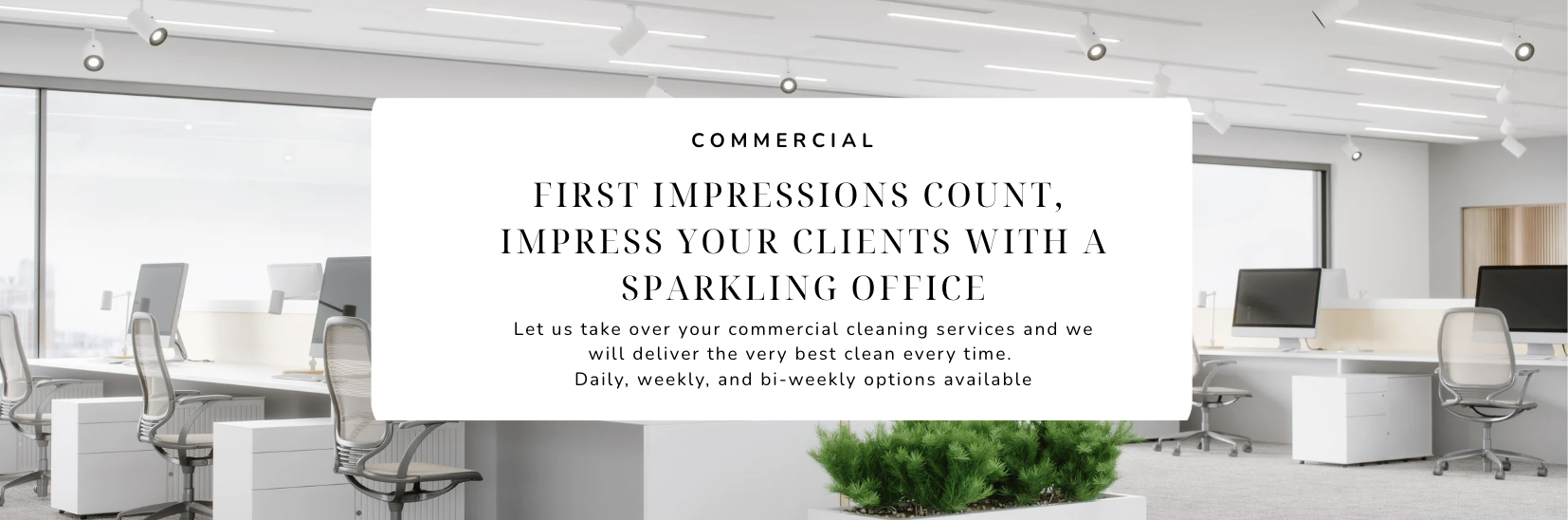 Modern office space with white desks and ergonomic chairs, large windows, and a white informational overlay promoting commercial cleaning services.