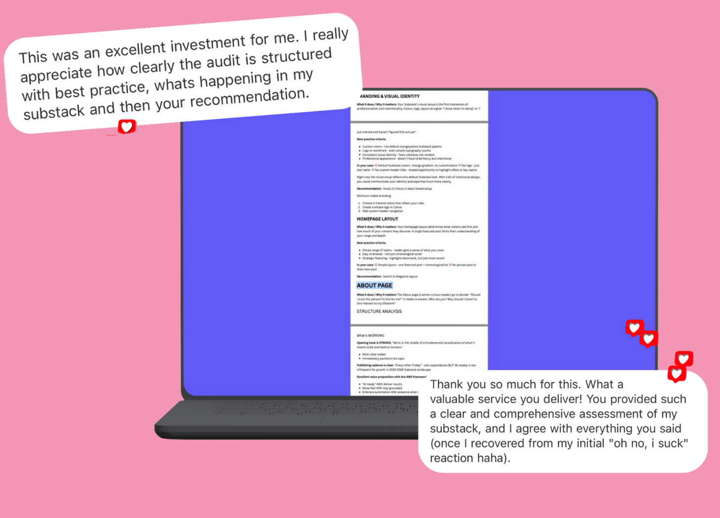 Screen displaying a document with feedback and comments. Two speech bubbles with positive comments and heart icons are overlaid on the screen. The background is pink.