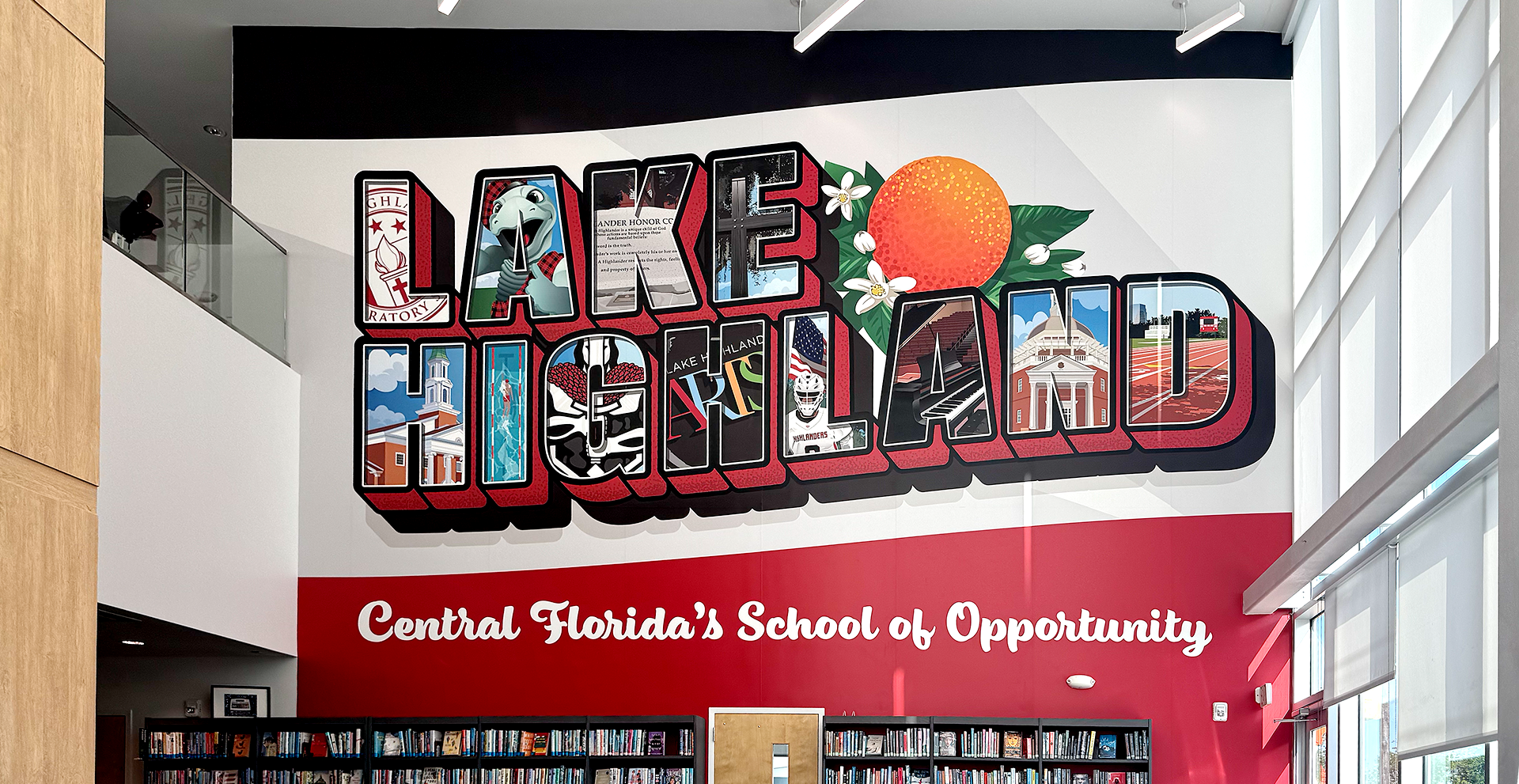 Large letter postcard placemaking graphic  "Lake Highland" in Library at Porter Center.