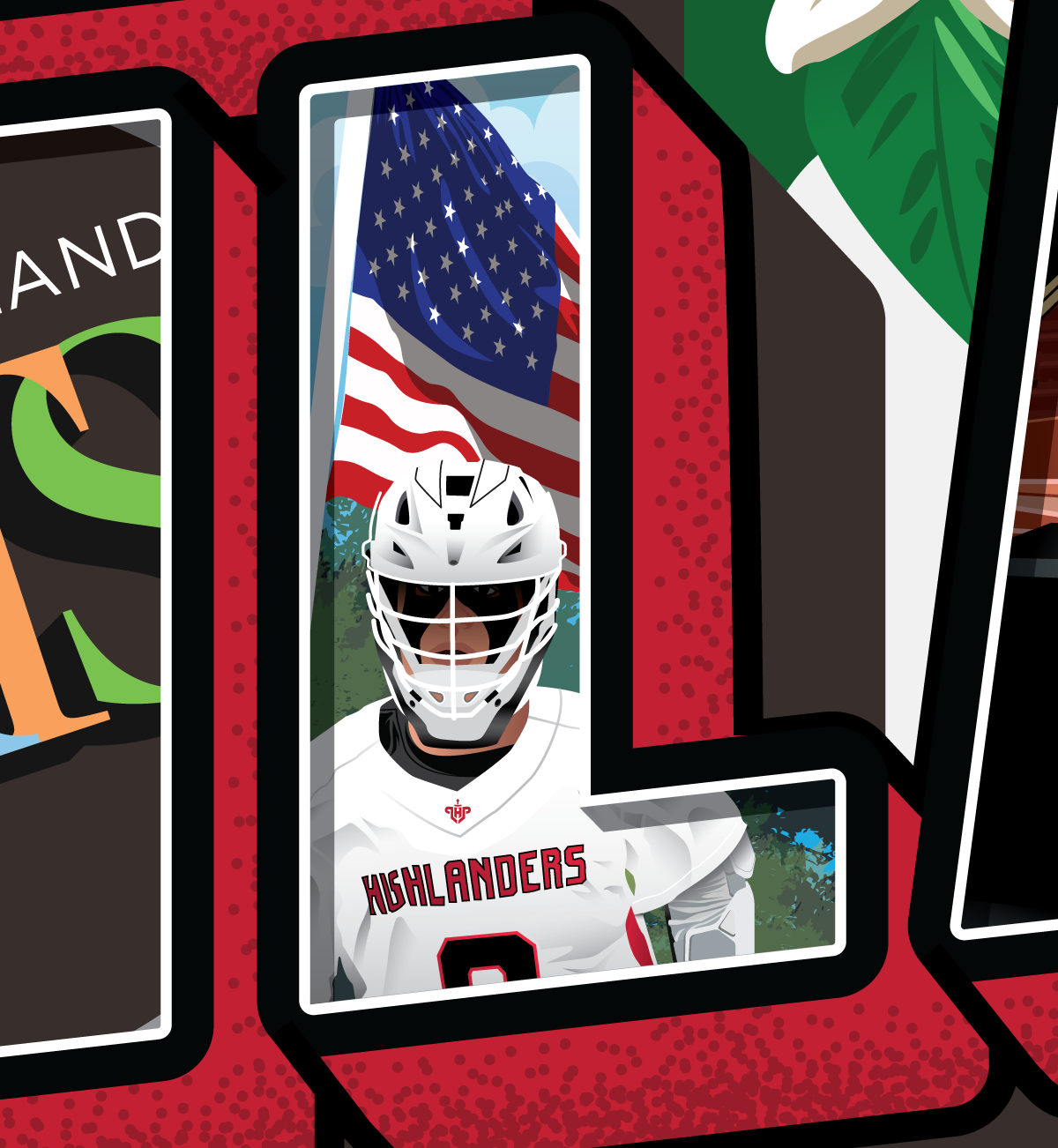 Postcard L closeup highlanders lacrosse.