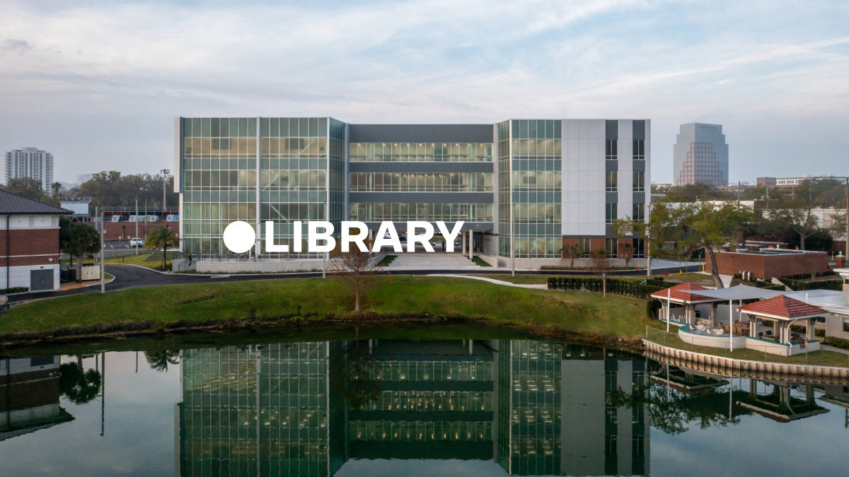 Library location label at LHPS Porter Center lakeside.