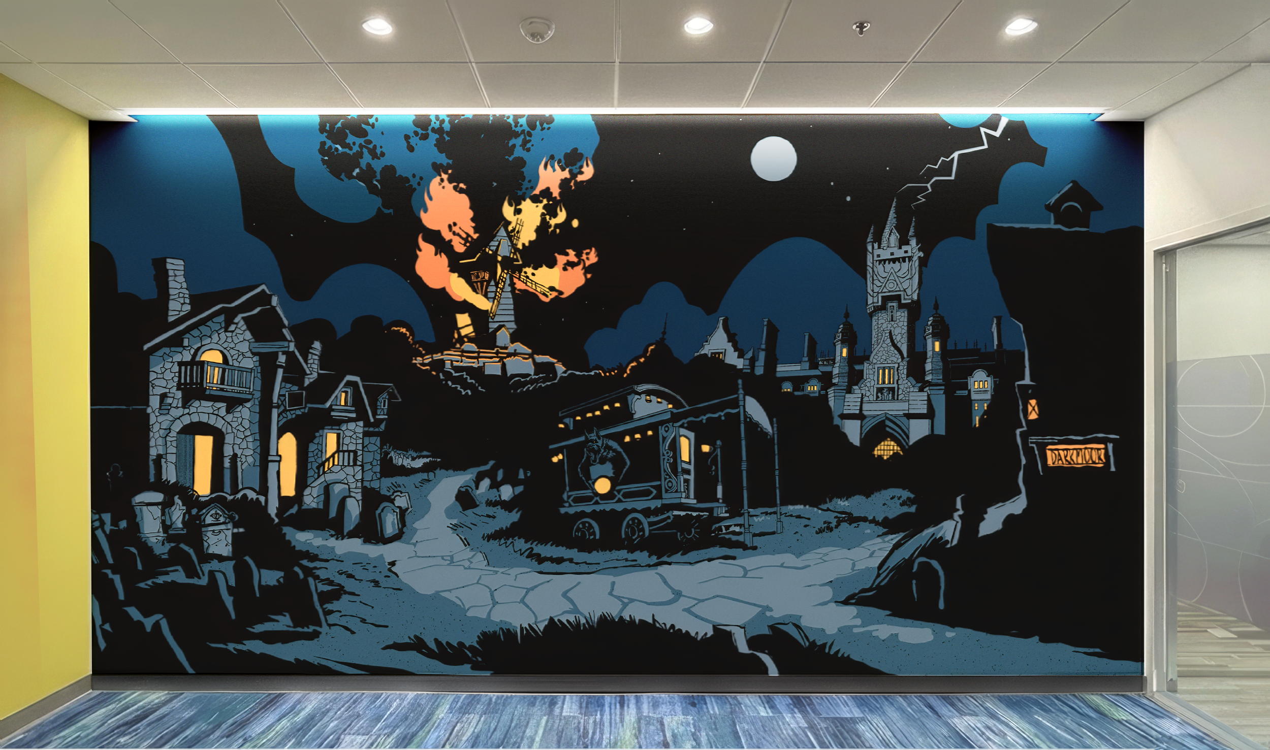 Epic Universe Admin. Building Darkmoor experiential environmental graphics installed