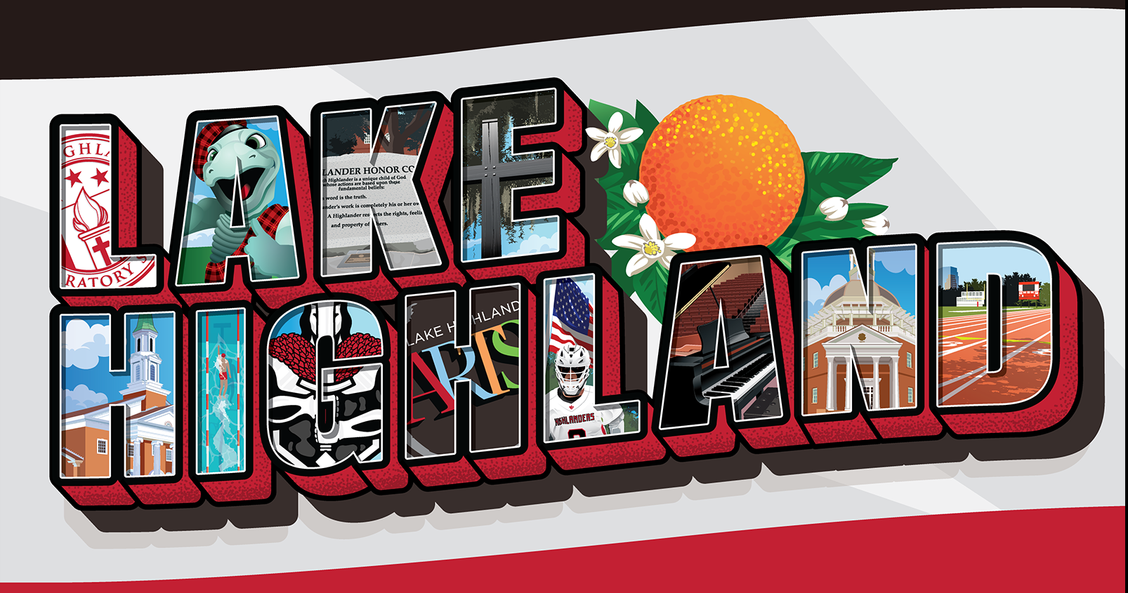 Large letter postcard placemaking graphic  clos-up "Lake Highland" in Library at Porter Center.