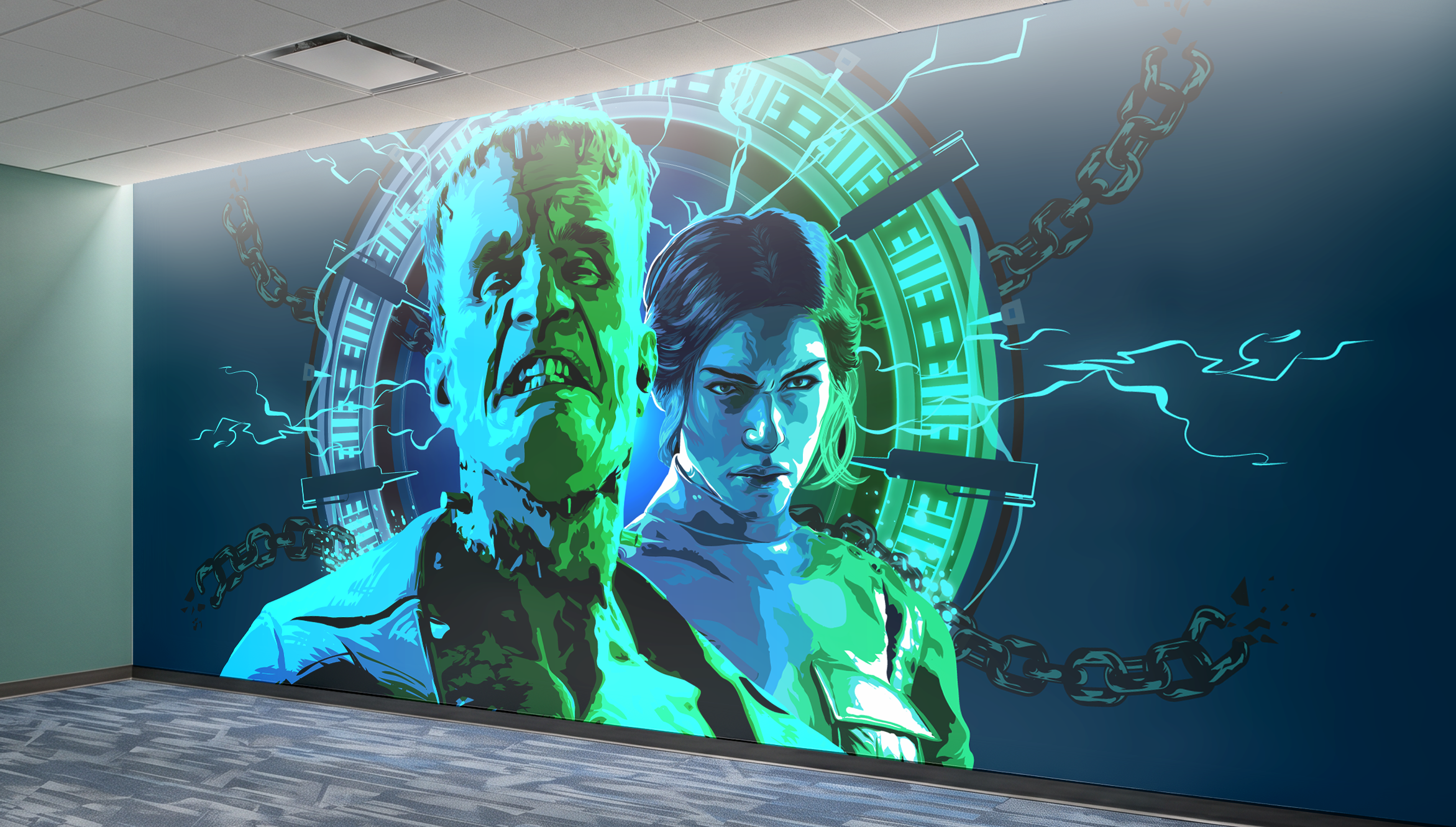 frankenstein universal epic environmental placemaking graphics installed.